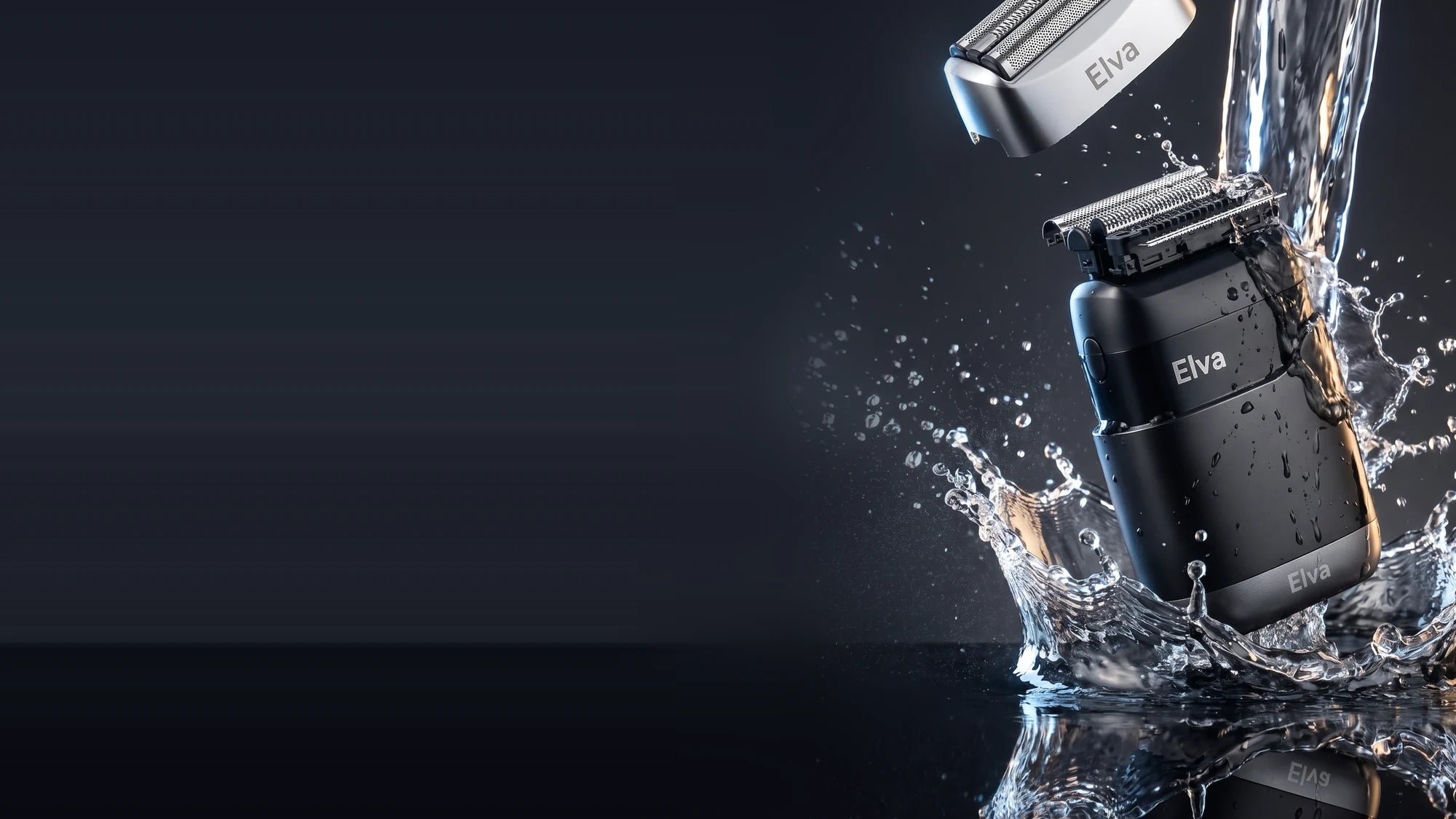 The Elva Blade foil shaver under running water, proving its IPX7 waterproof body